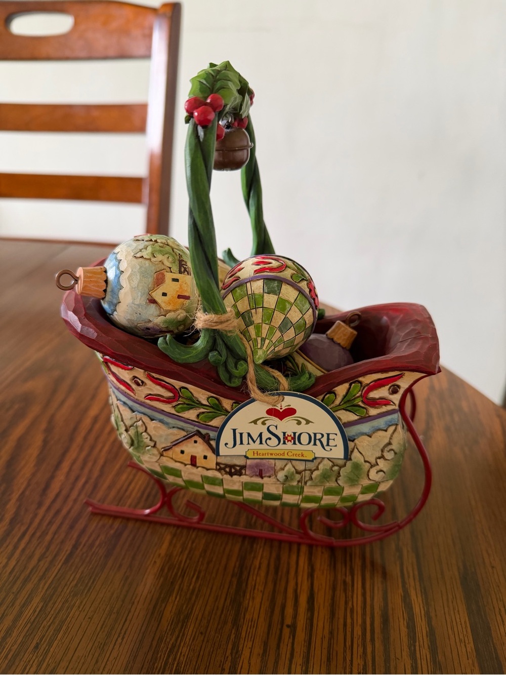 Jim Shore Red and Green Hand-Painted Holiday Sleigh with Ornaments